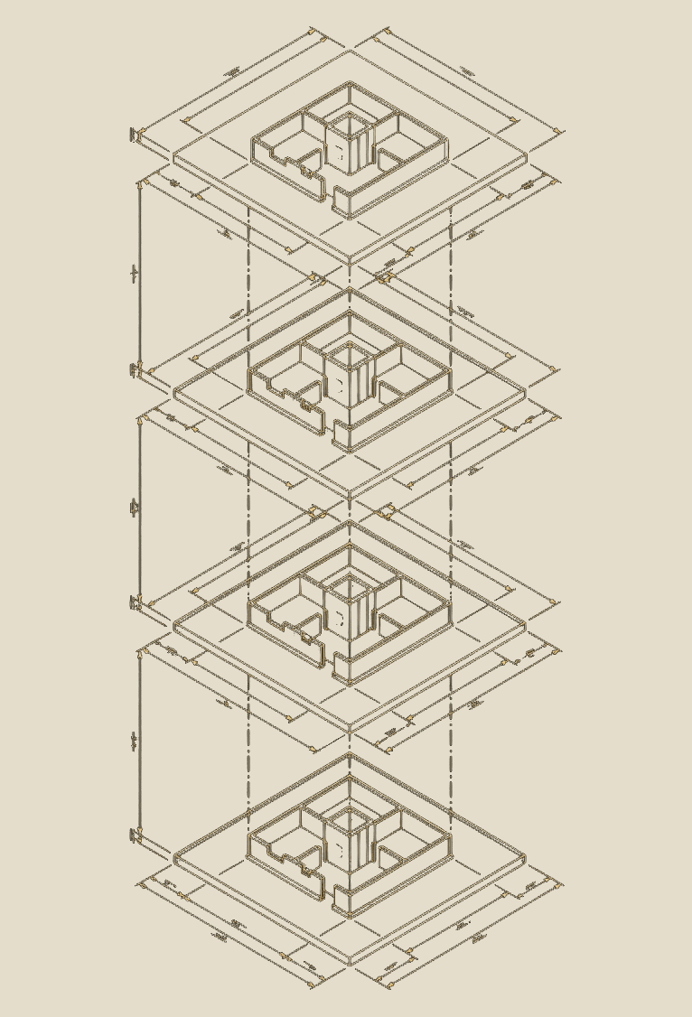 Illustration of four identical isometric buildings stacked vertically, sharing the same blueprint measurement grid, representing the same structure applied across every project
