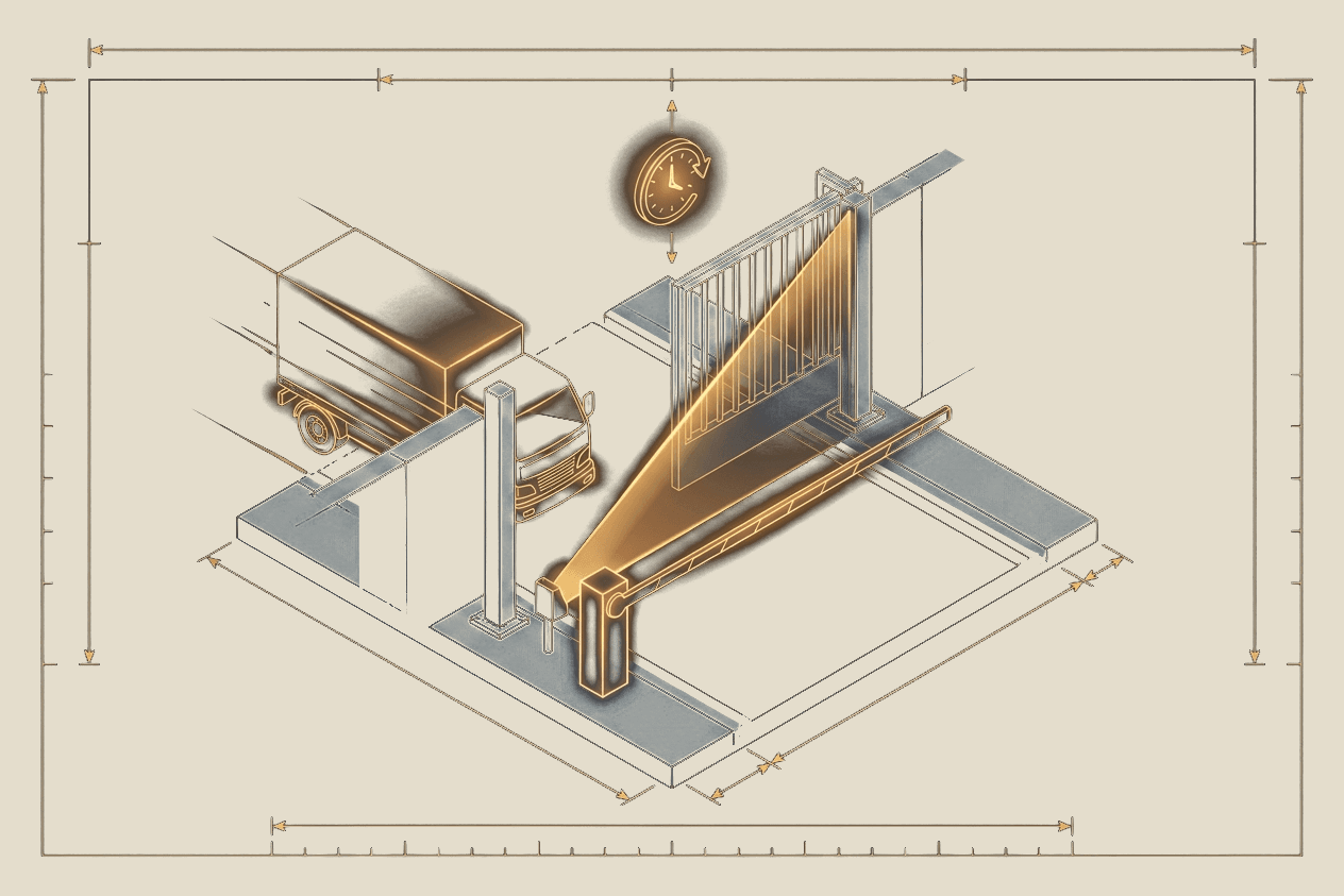 Illustration of a delivery truck passing through a construction site gate checkpoint with a scanning beam
