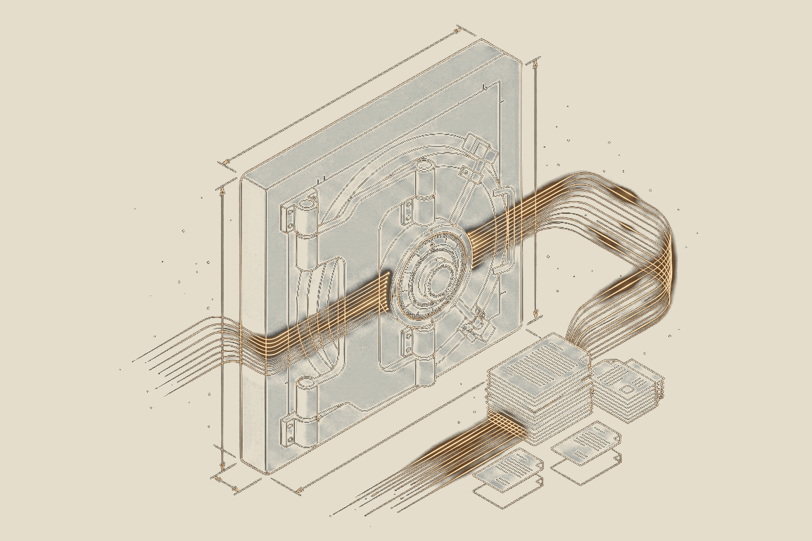Illustration of a sealed vault door with data streams flowing in from stacked report documents