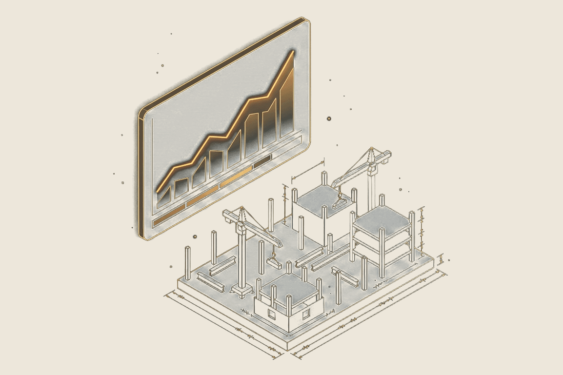 Illustration of a glowing programme buffer and progress chart rising above a construction site