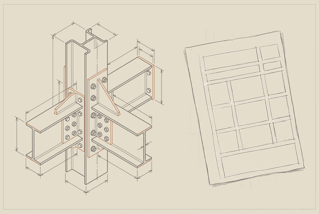 Illustration of a precisely dimensioned structural element beside a hand-ruled daily site sheet, in the site's blueprint style