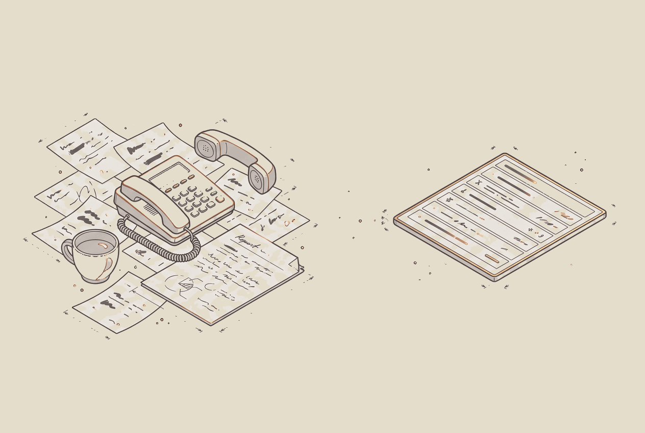 Illustration of scattered notes and a phone beside a single structured panel of the same information