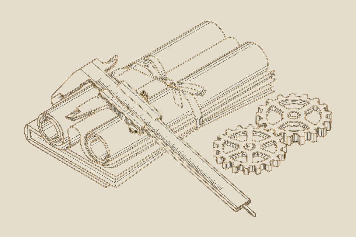 Illustration of a spiral staircase built from stacked blueprint panels, representing structured continuous improvement