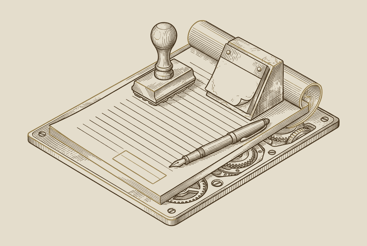 Illustration of a ruled payment schedule document with a date stamp, calendar block and pen arranged across it, one entry line left conspicuously blank