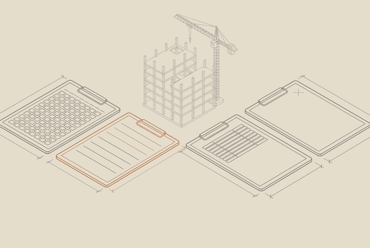 Illustration of four site record sheets laid side by side, each ruled and filled in differently, in the site's blueprint style