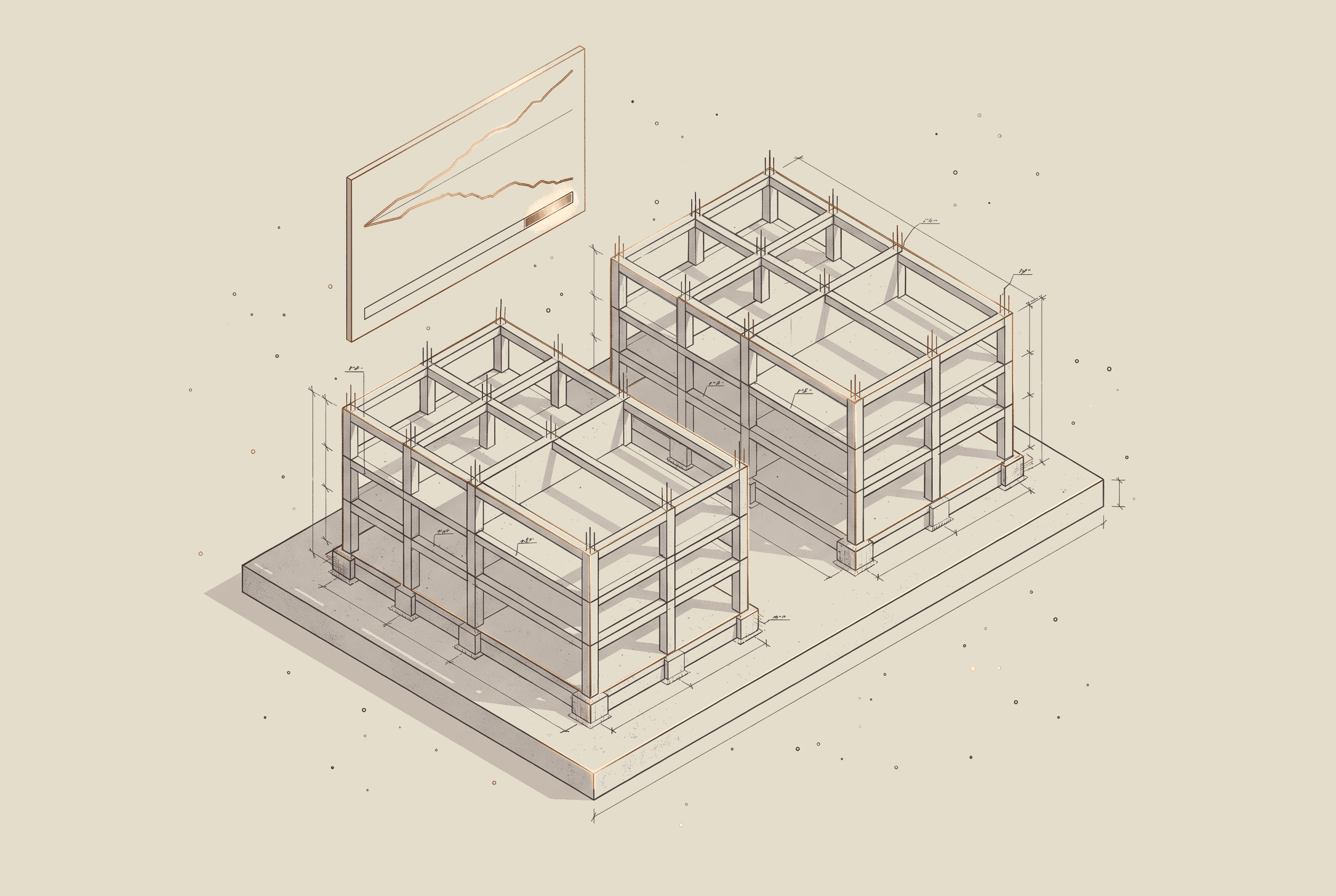Illustration of a two zone concrete frame with a floating panel showing progress and buffer diverging