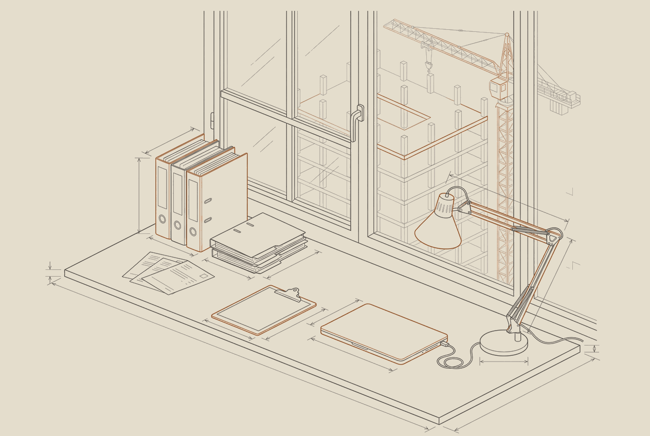 Illustration of a site office desk stacked with paperwork with a part built structure visible through the window