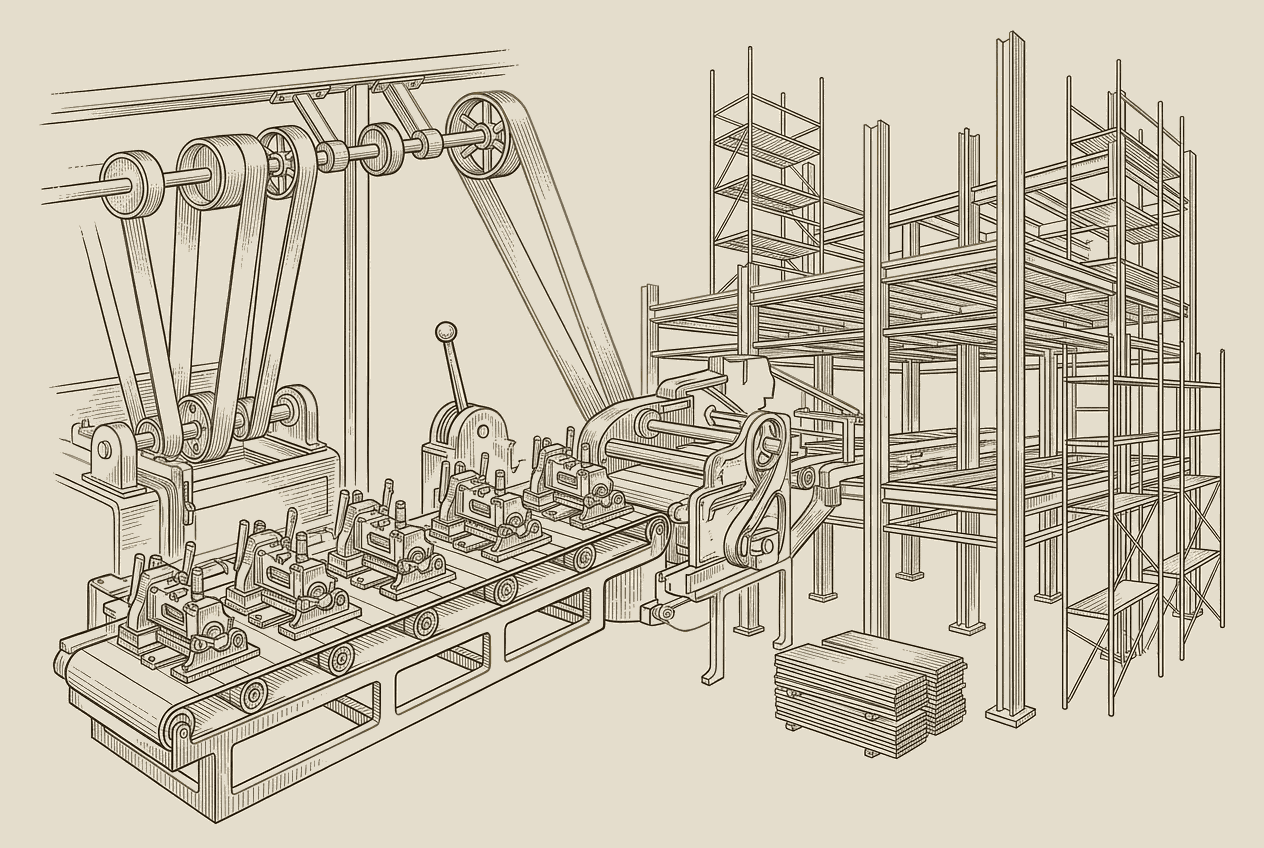 Illustration of a factory production line resolving into the frame of a building under construction
