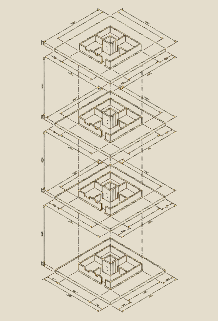 Illustration of four identical isometric buildings stacked vertically, sharing the same blueprint measurement grid, representing the same structure applied across every project
