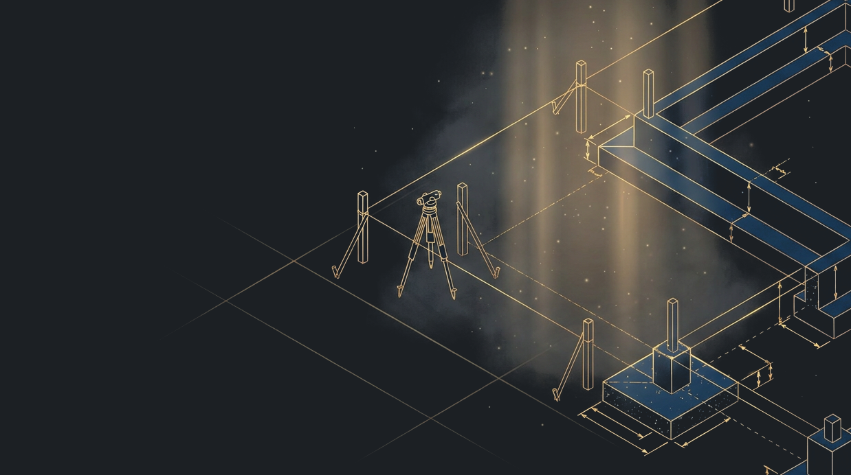 Illustration of a surveyor's tripod at a foundation site, in the site's blueprint style