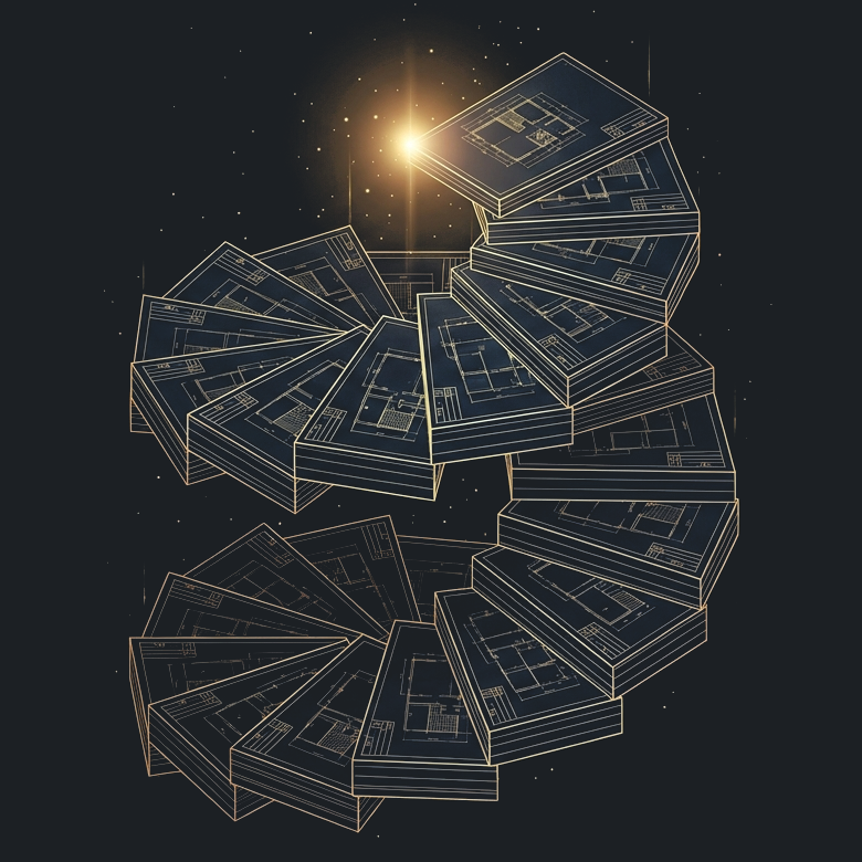 Illustration of a spiral staircase built from stacked blueprint panels ascending toward a point of light, representing structured continuous improvement