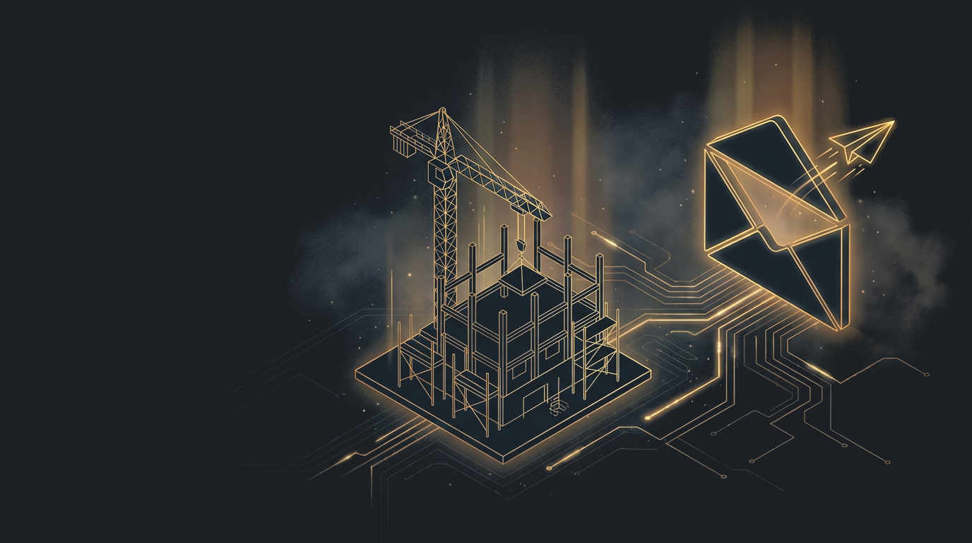 Illustration of a building under construction with a crane and a glowing envelope, in the site's blueprint style