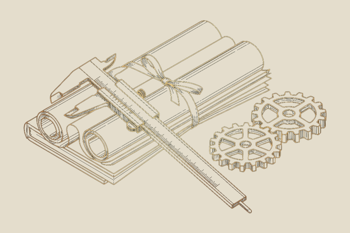 Illustration of a spiral staircase built from stacked blueprint panels, representing structured continuous improvement, in the site's blueprint style
