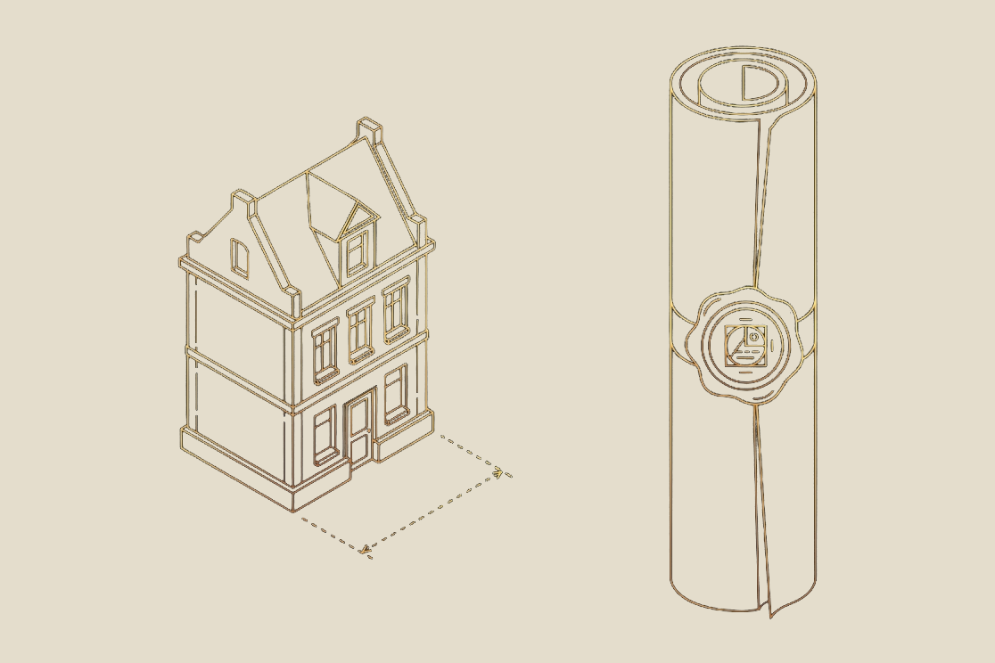 Illustration of a completed building alongside a sealed ledger, representing the two legacies a project leaves behind, in the site's blueprint style