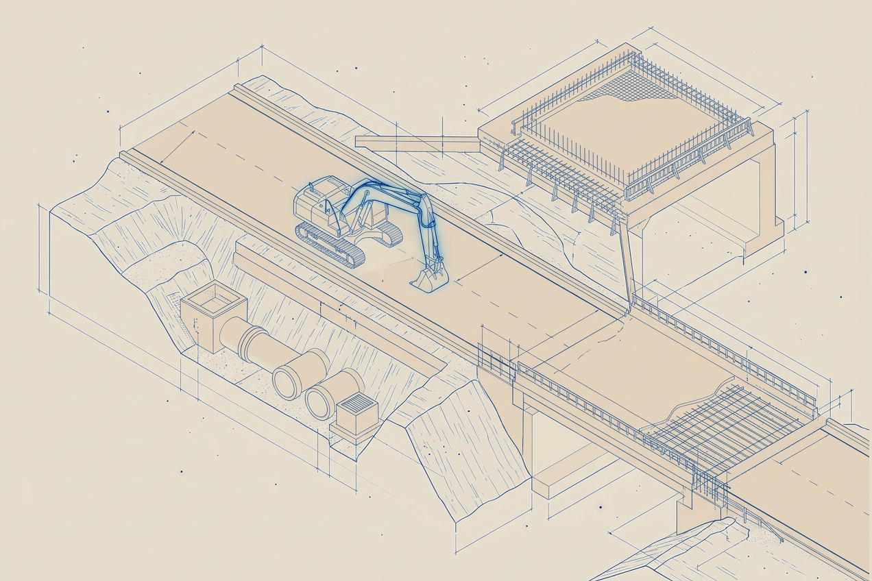 Illustration of a road, bridge and earthworks under construction, in the site's blueprint style