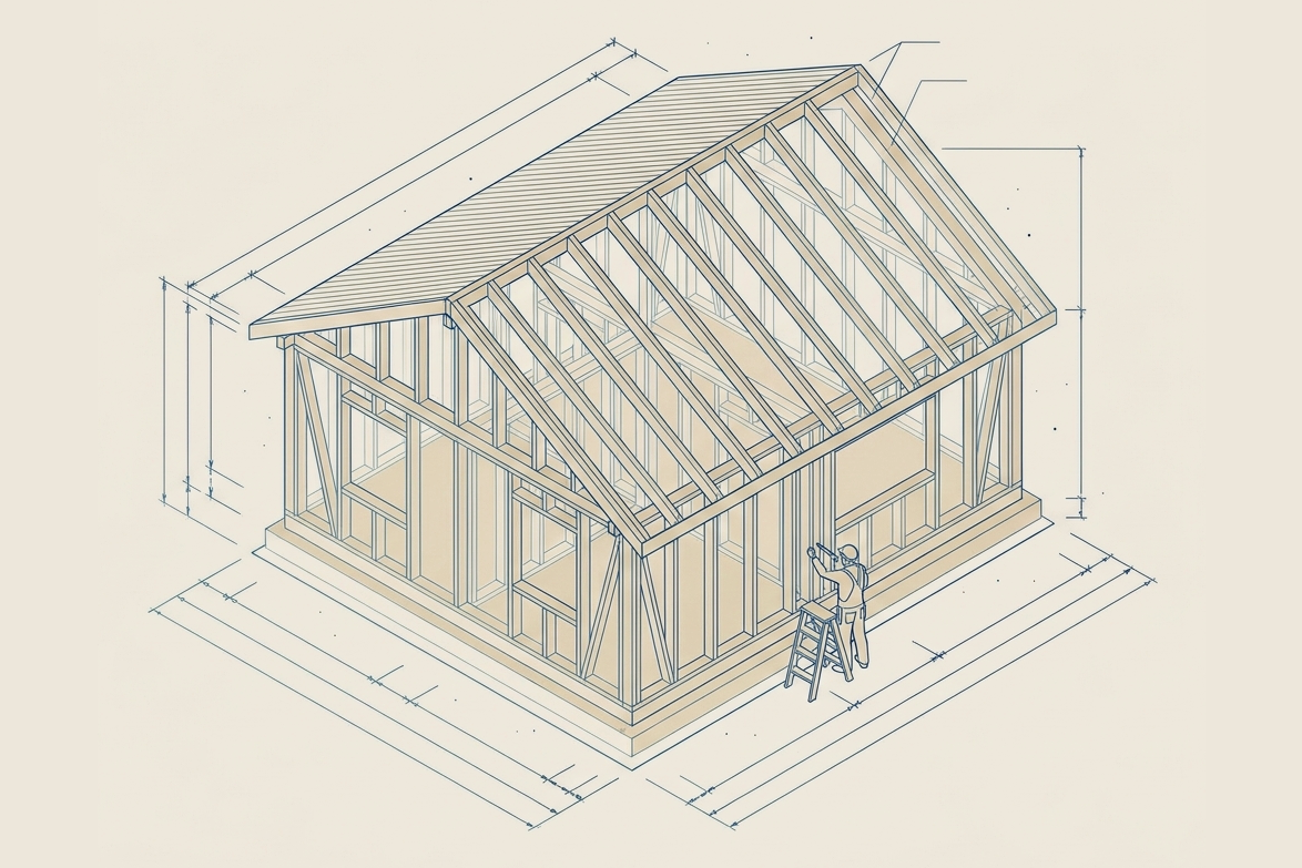 Illustration of a single builder framing a residential house, in the site's blueprint style